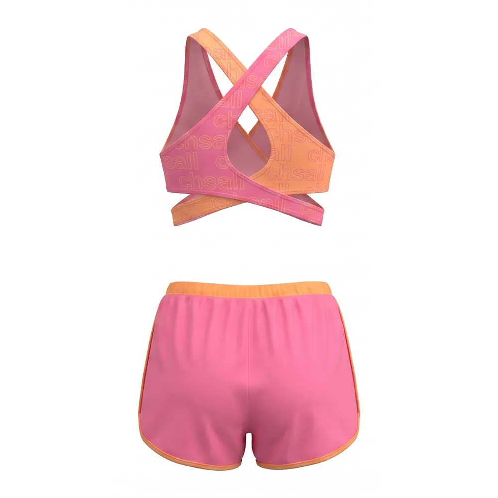 Youth Vibe Pink Orange Ombre Cheer Outfit All-Over Print Wrap Halter Top with Shorts for Girls – photo 3