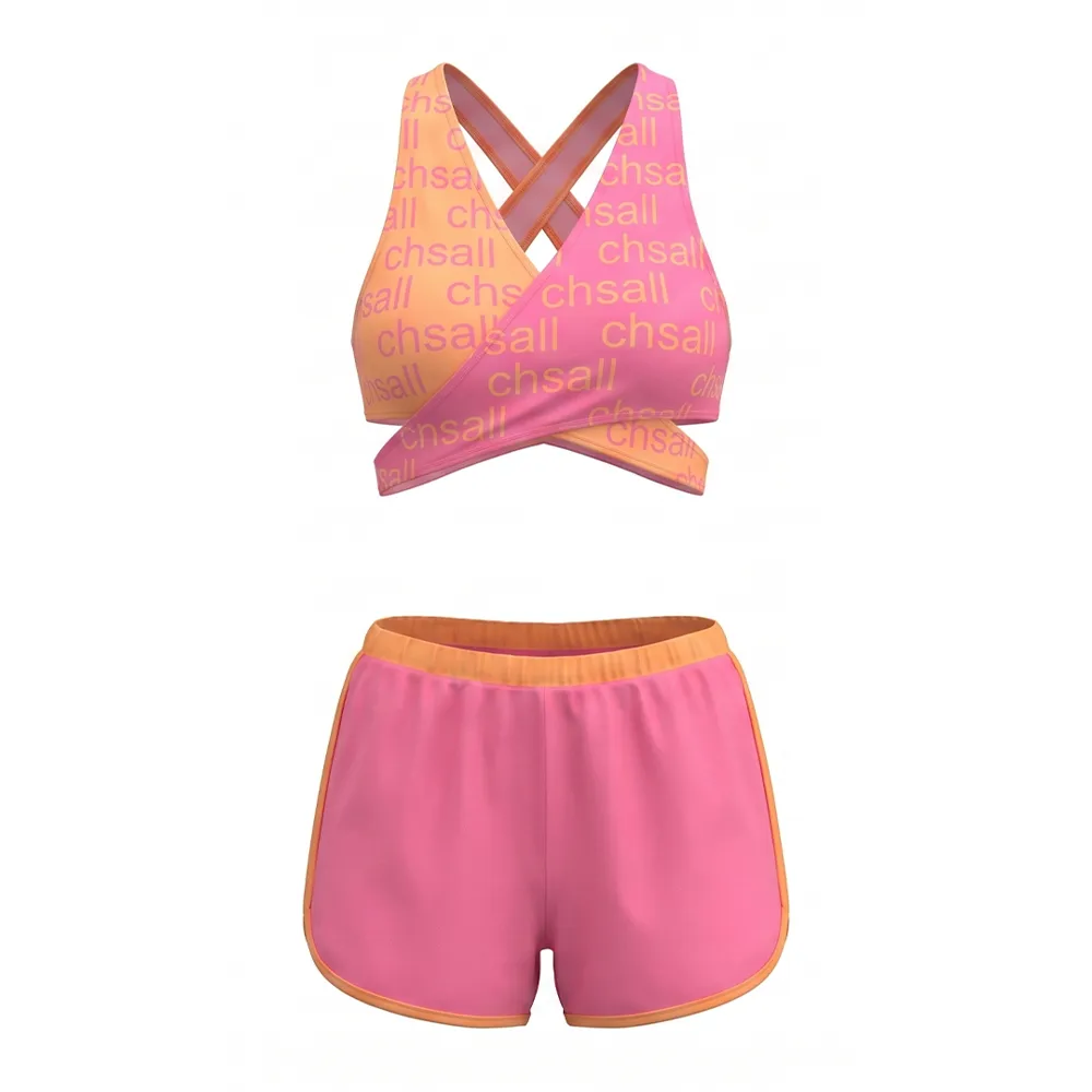 Youth Vibe Pink Orange Ombre Cheer Outfit All-Over Print Wrap Halter Top with Shorts for Girls – photo 4