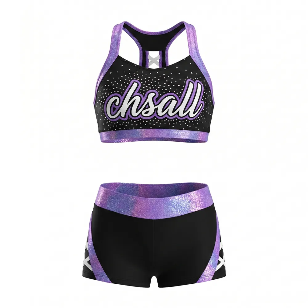 Competition-Ready Black Purple Cheer Uniform Holographic Trim Rhinestone Top & Shorts for Girls – photo 3