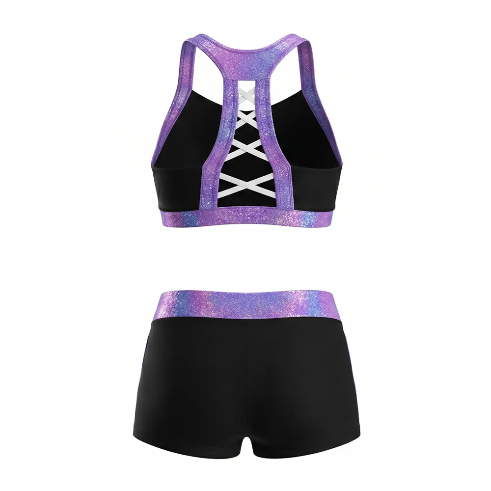 Competition-Ready Black Purple Cheer Uniform Holographic Trim Rhinestone Top & Shorts for Girls – photo 4