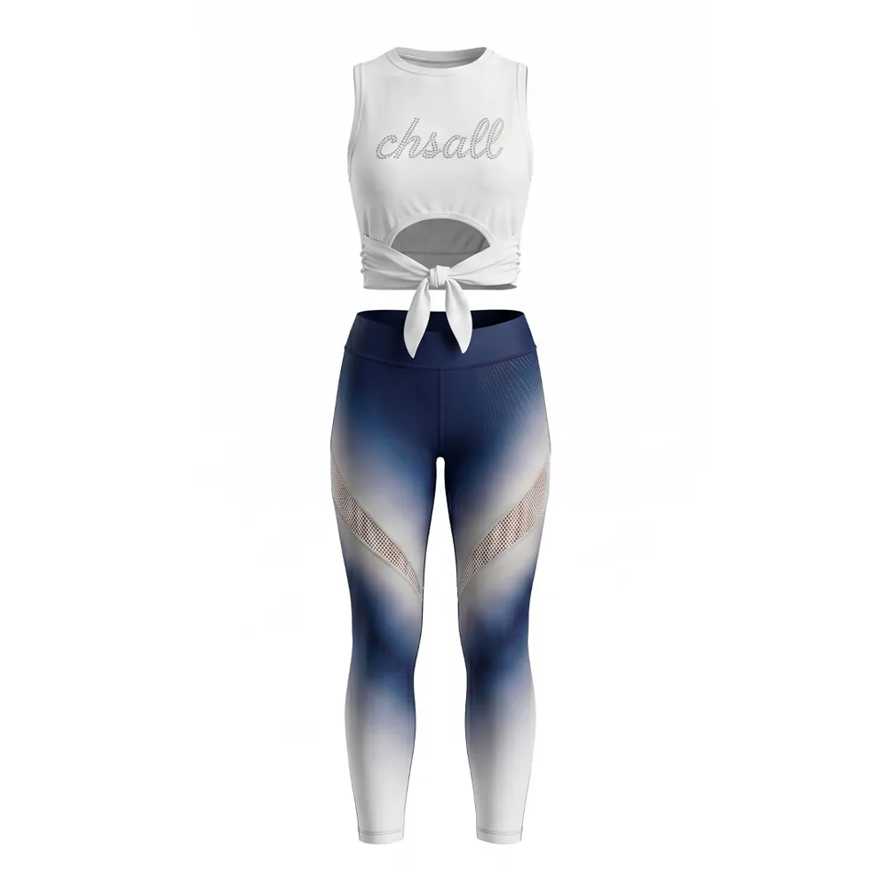 Competition-Ready White Cheer Top Rhinestone Tie-Front with Blue Ombre Mesh Leggings for Girls – photo 4