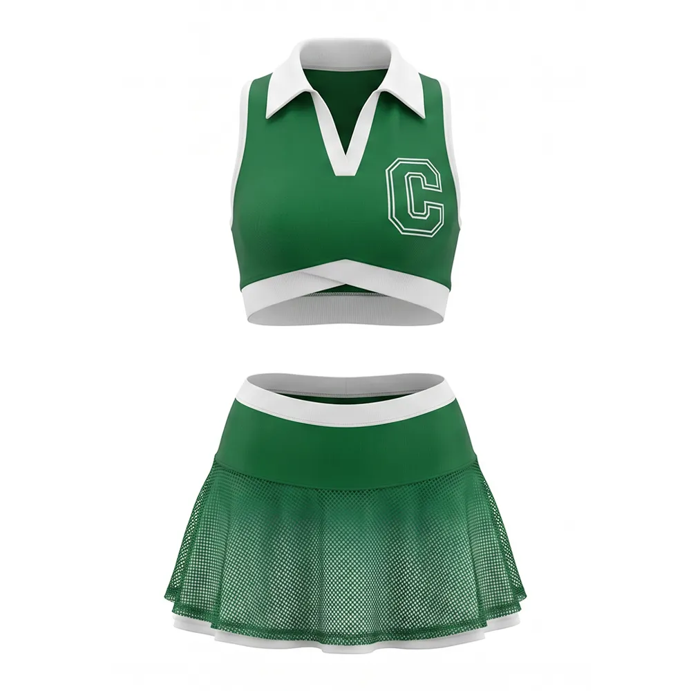 School Spirit Green White Cheer Uniform Polo Top & Ombre Skirt with Varsity Letter for Teen Girls – photo 4