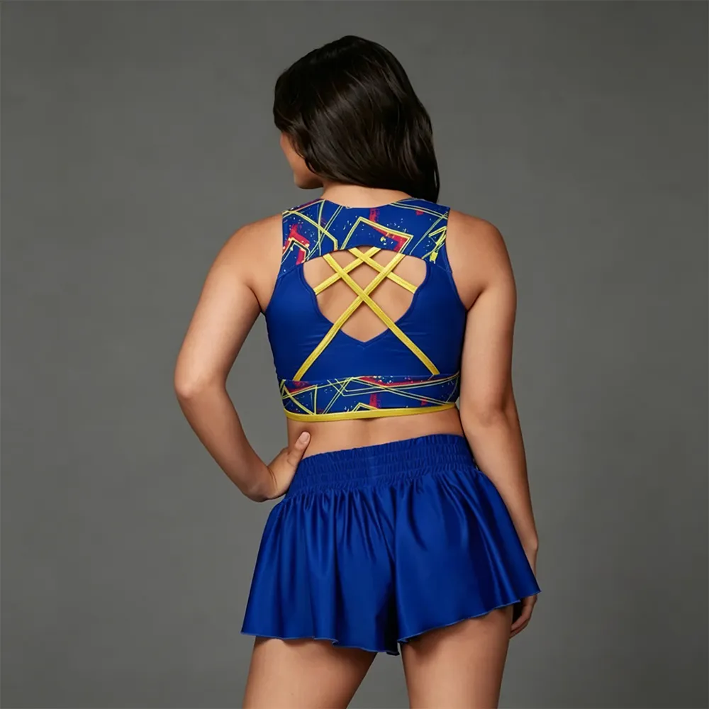 All Star Blue Geometric Cheer Set Rhinestone CHSALL Crop Top with Flowy Shorts for Performances – photo 2