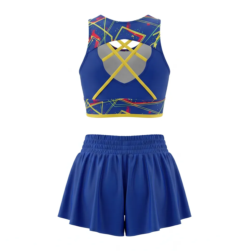 All Star Blue Geometric Cheer Set Rhinestone CHSALL Crop Top with Flowy Shorts for Performances – photo 3