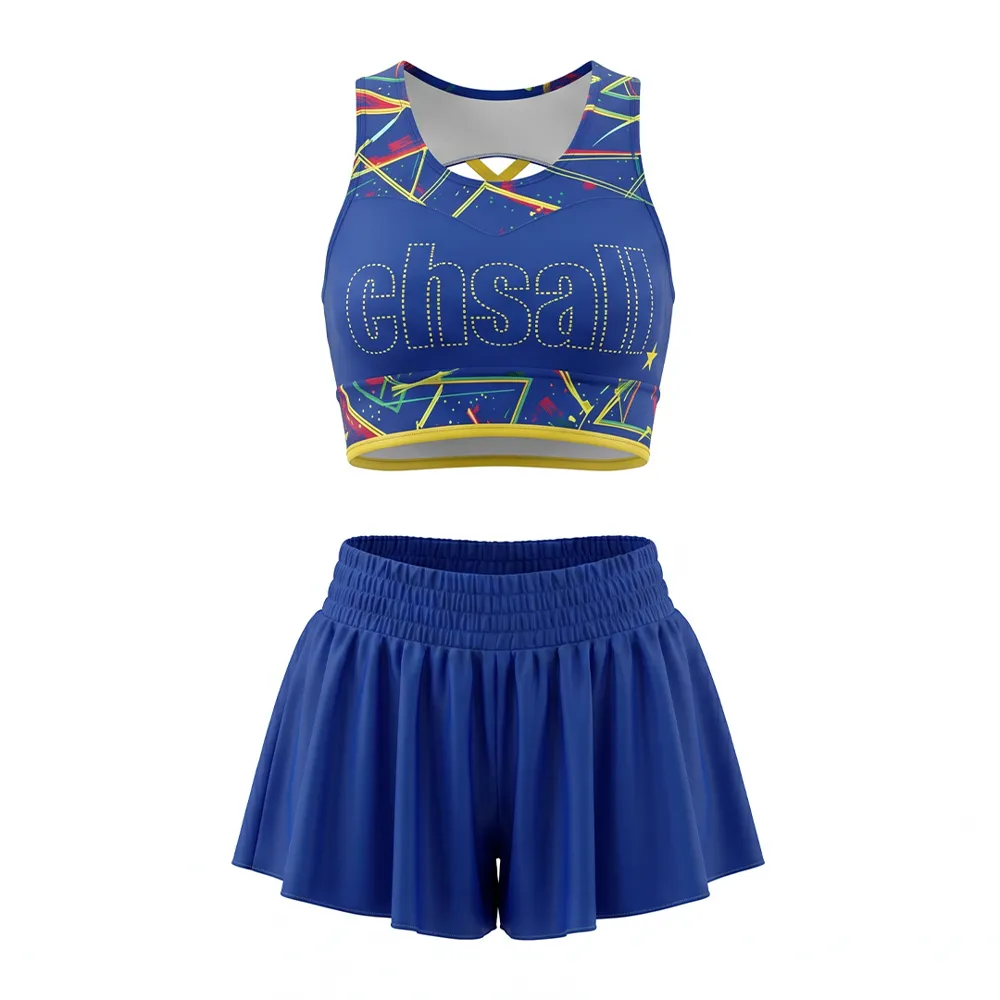 All Star Blue Geometric Cheer Set Rhinestone CHSALL Crop Top with Flowy Shorts for Performances – photo 4