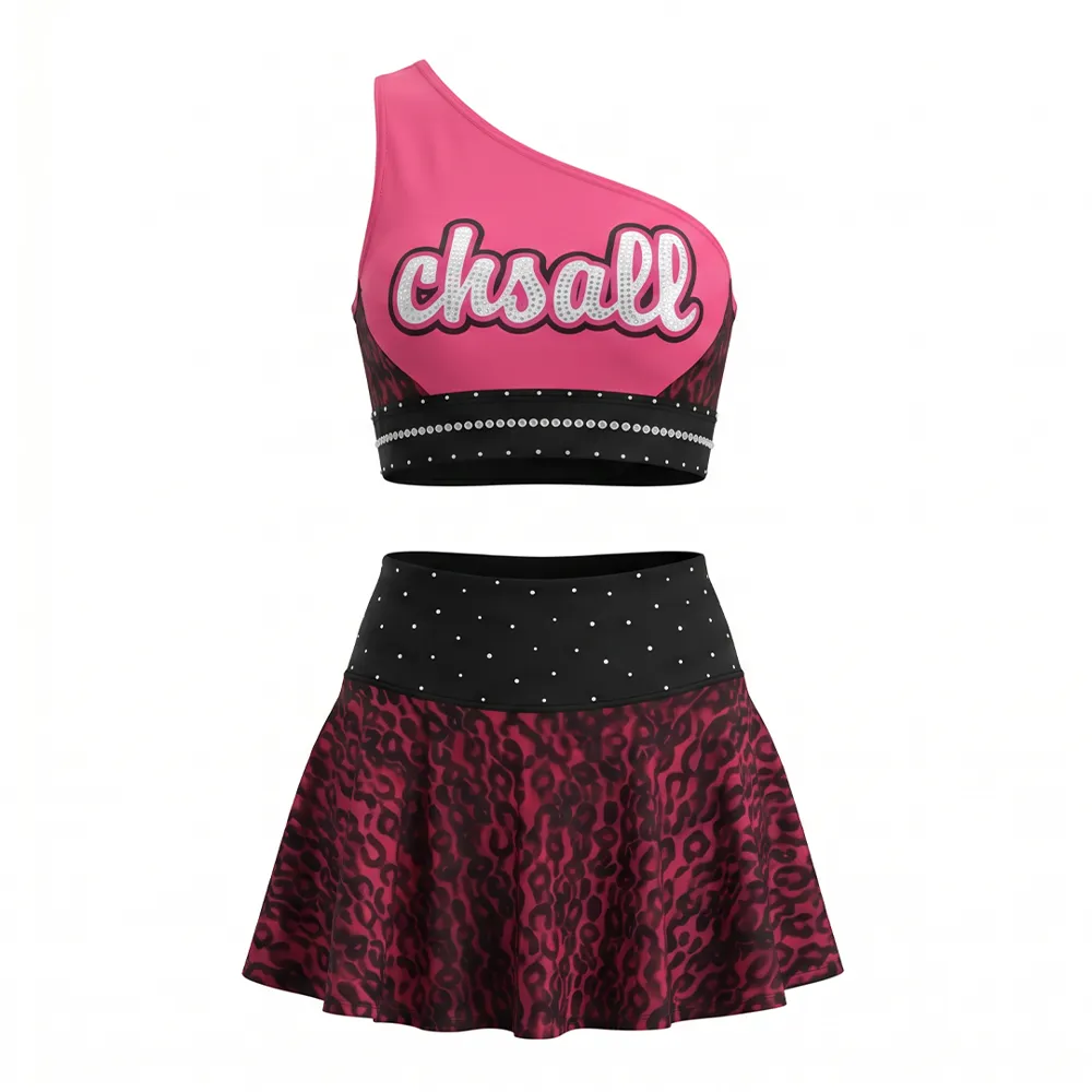 All Star Pink Leopard Cheer Set One-Shoulder Rhinestone Logo Crop Top with Flared Skirt for Performances – photo 3