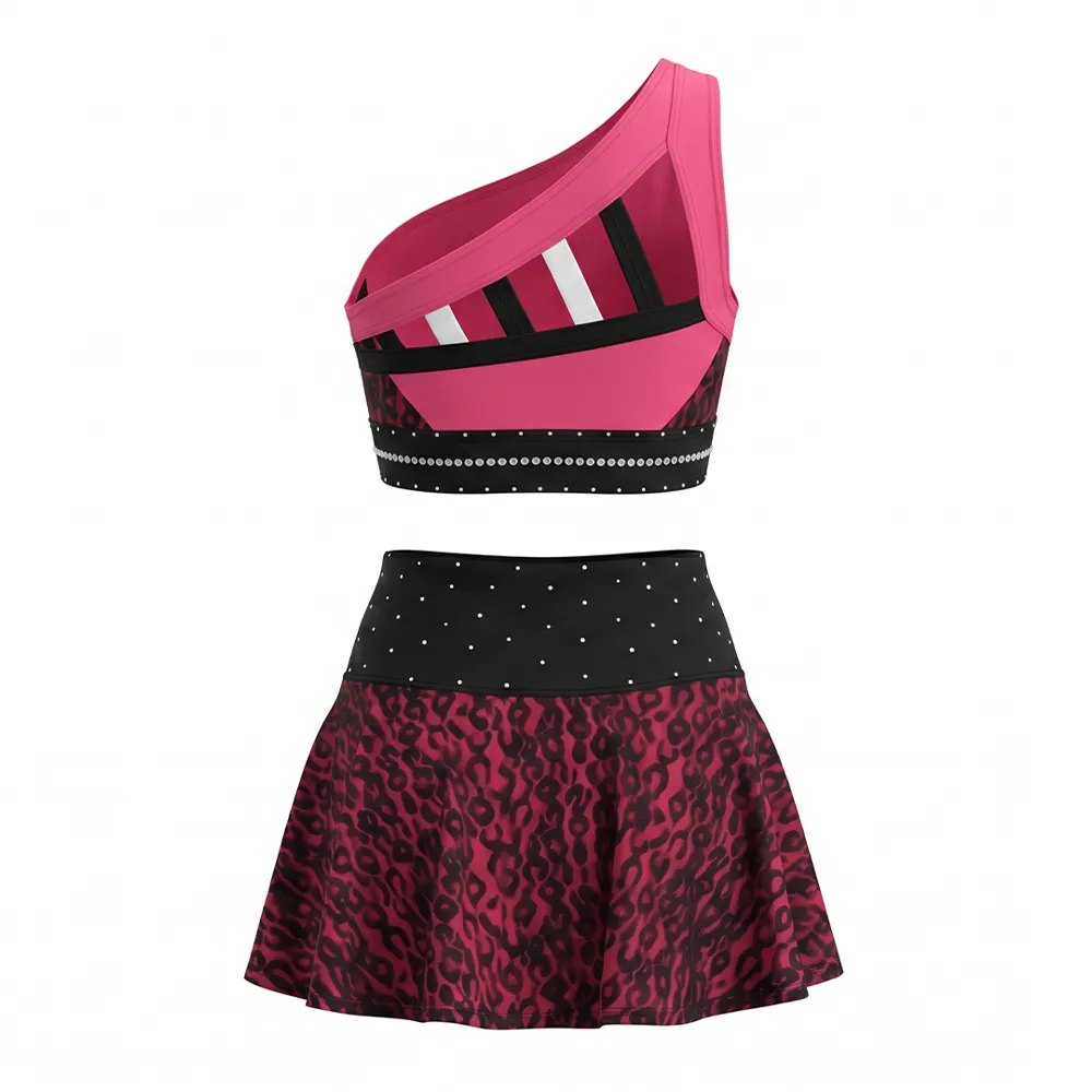 All Star Pink Leopard Cheer Set One-Shoulder Rhinestone Logo Crop Top with Flared Skirt for Performances – photo 4