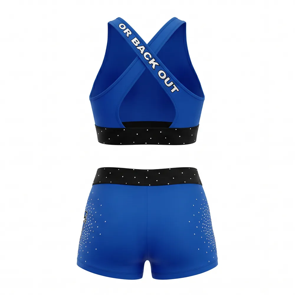 Competition-Ready Blue Cheer Uniform Rhinestone Logo Crop Top & Leggings with Black Waistband – photo 2