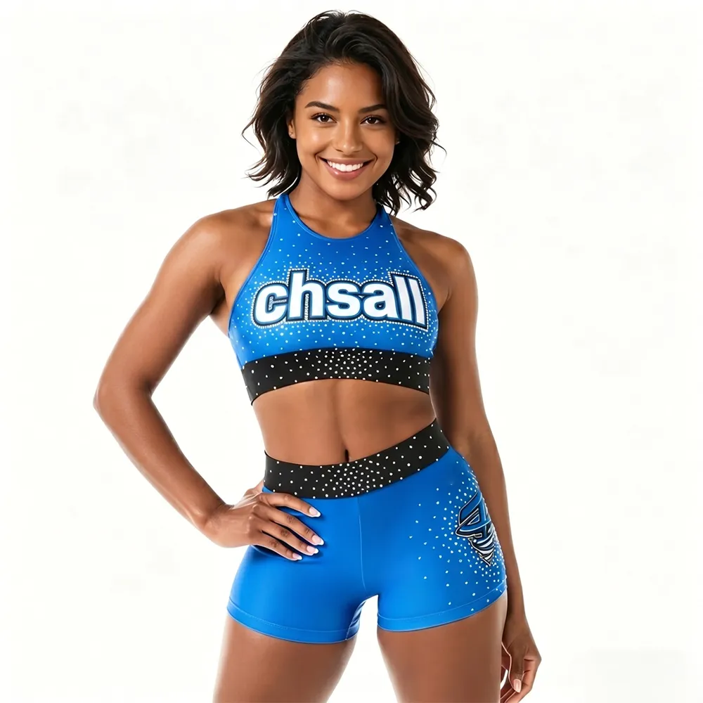 Competition-Ready Blue Cheer Uniform Rhinestone Logo Crop Top & Leggings with Black Waistband – photo 3