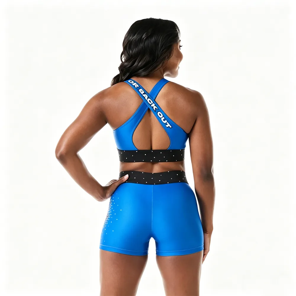 Competition-Ready Blue Cheer Uniform Rhinestone Logo Crop Top & Leggings with Black Waistband – photo 4