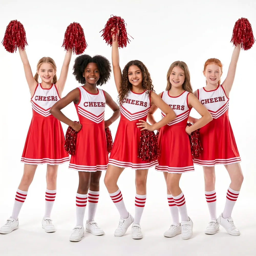 Red White Cheerleading Dress Sleeveless A-Line Cheer Outfit with Pom Poms for School Spirit – photo 2