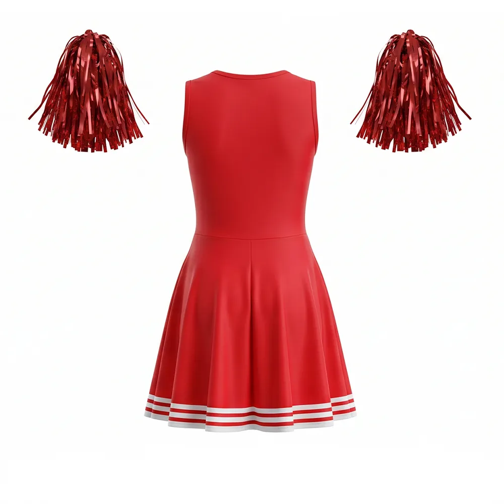Red White Cheerleading Dress Sleeveless A-Line Cheer Outfit with Pom Poms for School Spirit – photo 3