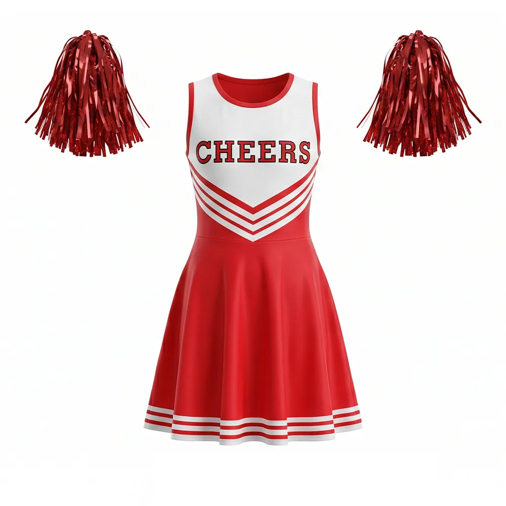 Red White Cheerleading Dress Sleeveless A-Line Cheer Outfit with Pom Poms for School Spirit – photo 4