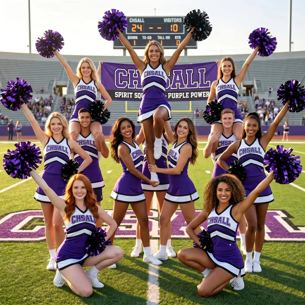 Competition-Ready Purple White Cheer Uniform Sleeveless Top & Skirt with Pom Poms for Girls – photo 2
