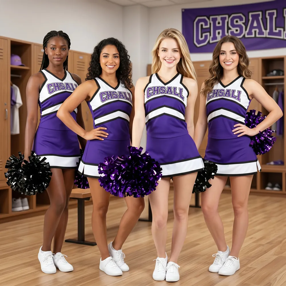 Competition-Ready Purple White Cheer Uniform Sleeveless Top & Skirt with Pom Poms for Girls – photo 3