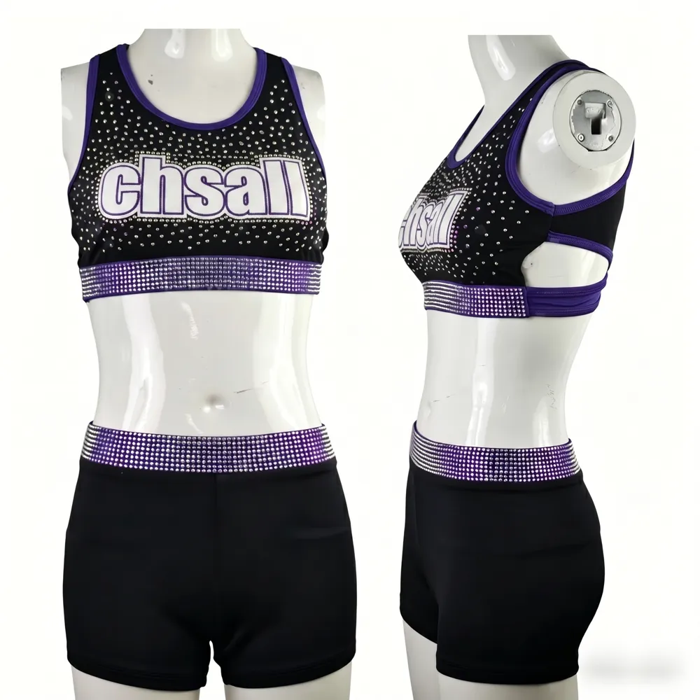 All Star Black Purple Cheer Set Rhinestone CHSALL Logo Racerback Crop Top with Matching Shorts – photo 2