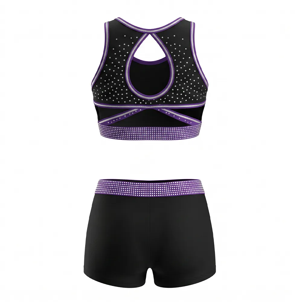 All Star Black Purple Cheer Set Rhinestone CHSALL Logo Racerback Crop Top with Matching Shorts – photo 3