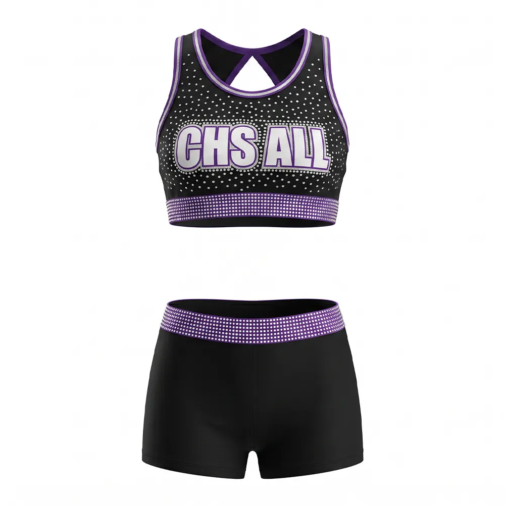 All Star Black Purple Cheer Set Rhinestone CHSALL Logo Racerback Crop Top with Matching Shorts – photo 4