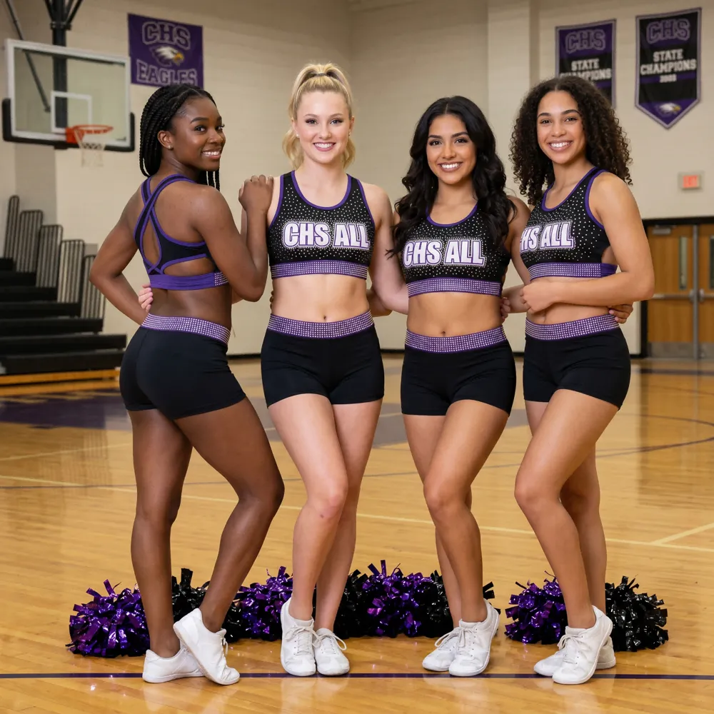 All Star Black Purple Cheer Set Rhinestone CHSALL Logo Racerback Crop Top with Matching Shorts – photo 5