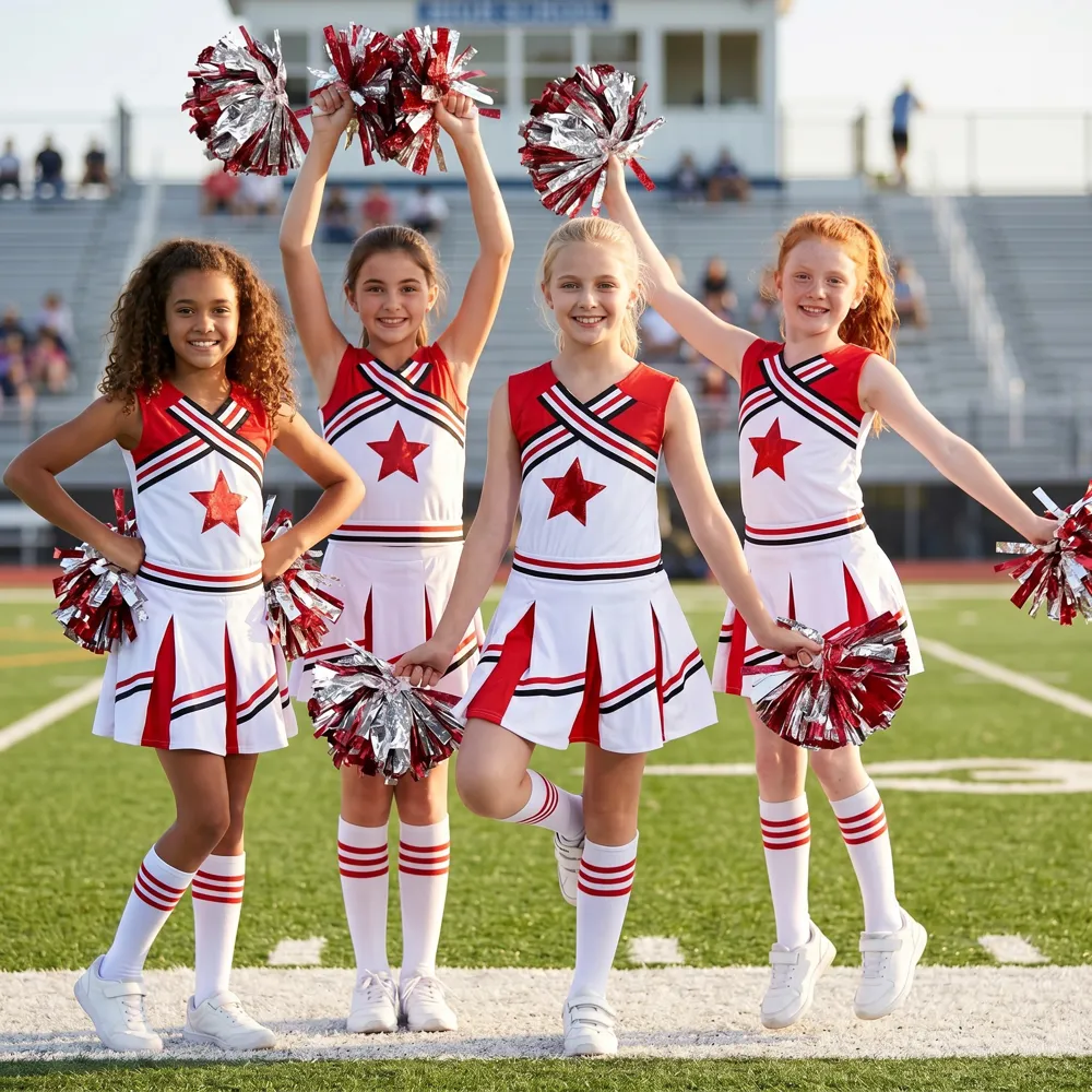 Team Red White Cheerleading Costume Dress with Star Print and Matching Pom Poms for Performances – photo 2