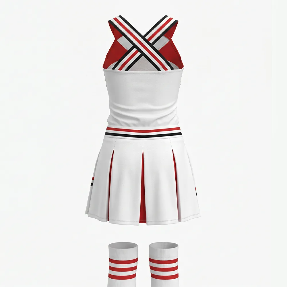 Team Red White Cheerleading Costume Dress with Star Print and Matching Pom Poms for Performances – photo 3