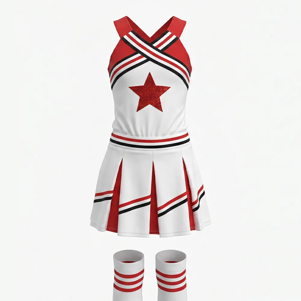 Team Red White Cheerleading Costume Dress with Star Print and Matching Pom Poms for Performances – photo 4