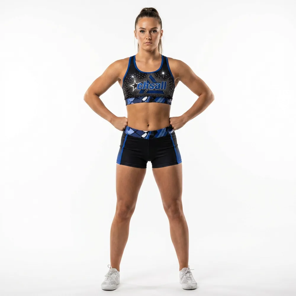 Youth Sporty Blue Black Cheer Outfit Rhinestone CHSALL Logo Crop Top with Geometric Print Shorts – photo 2