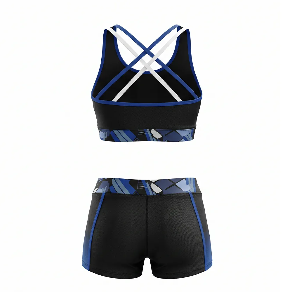Youth Sporty Blue Black Cheer Outfit Rhinestone CHSALL Logo Crop Top with Geometric Print Shorts – photo 4
