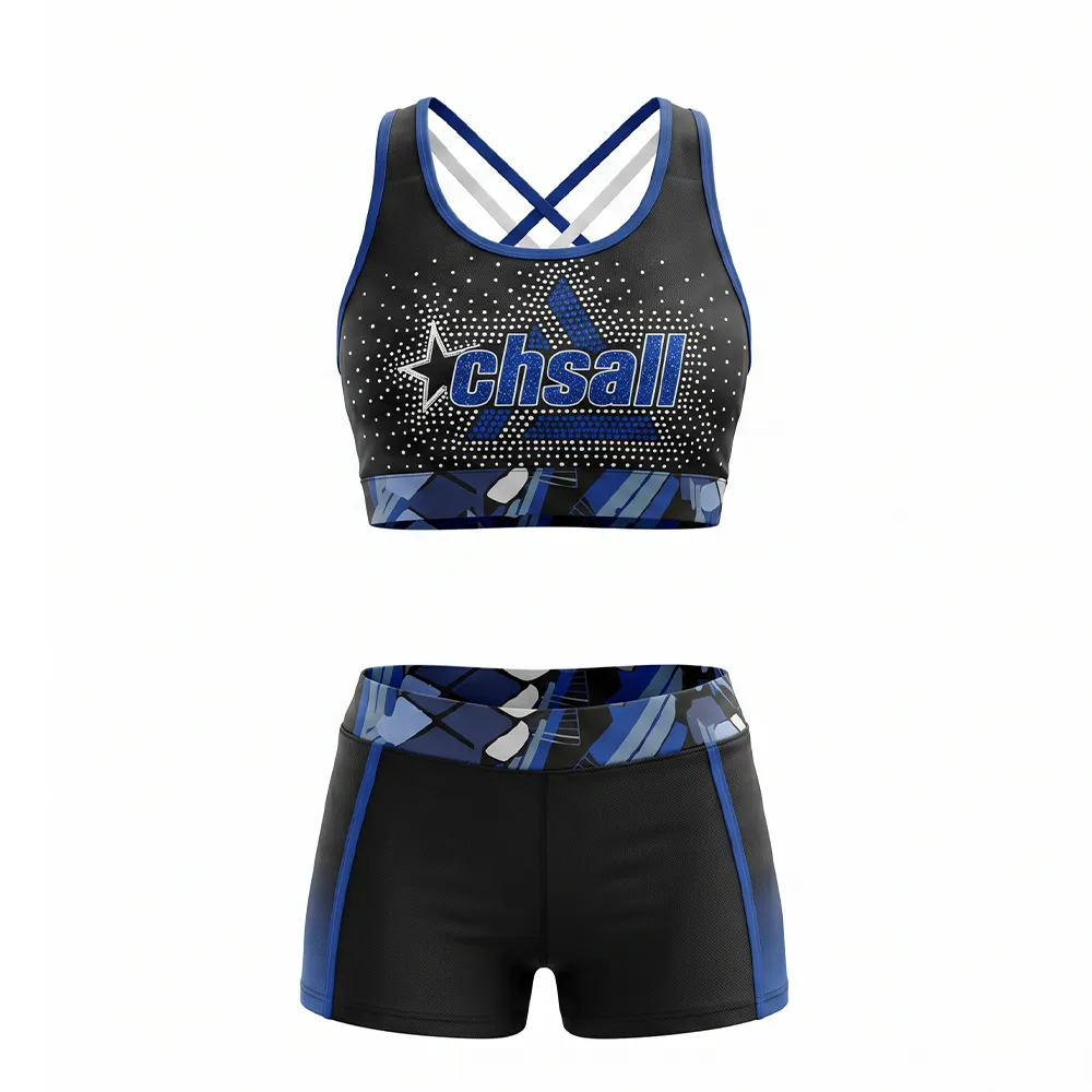 Youth Sporty Blue Black Cheer Outfit Rhinestone CHSALL Logo Crop Top with Geometric Print Shorts – photo 5