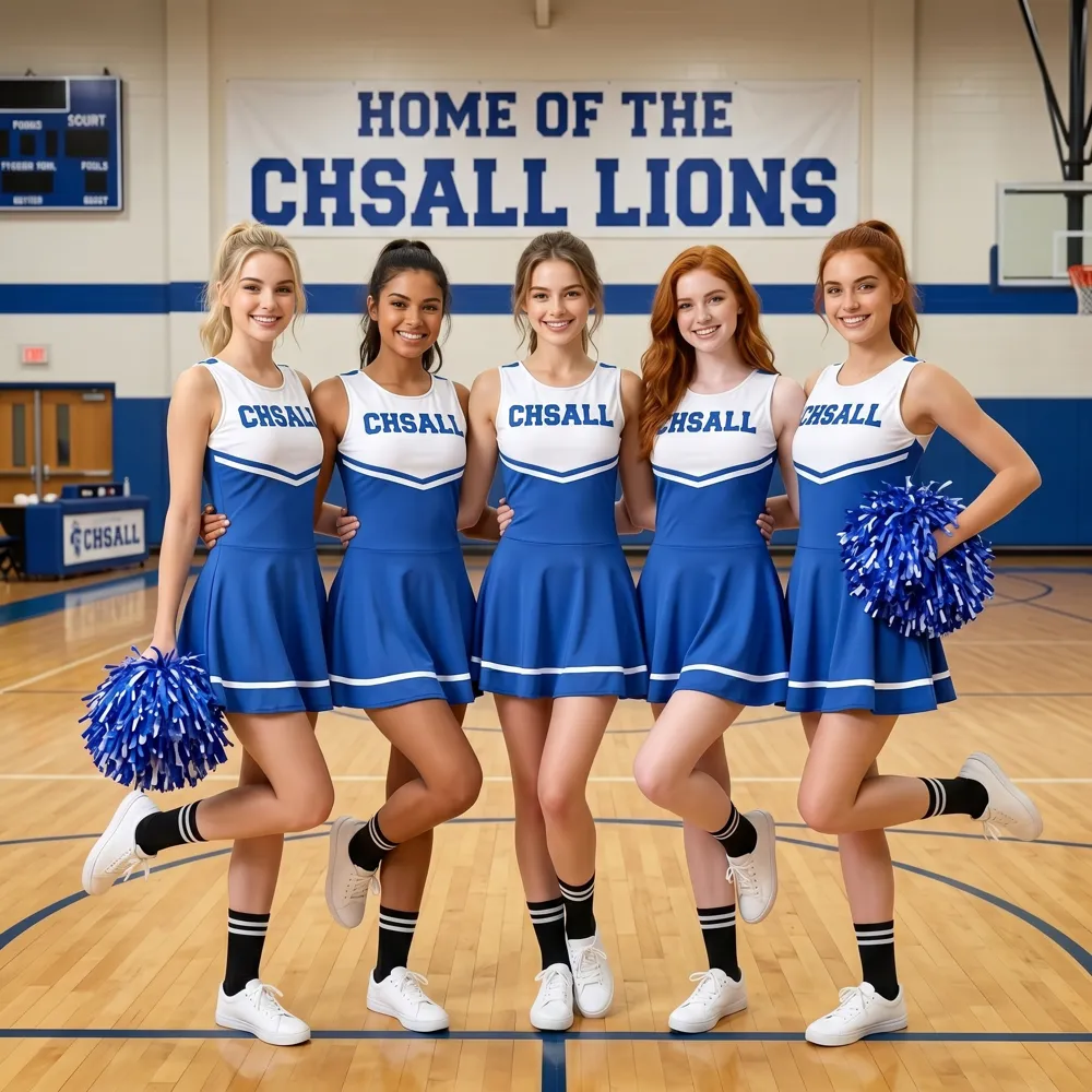 Blue White Cheerleading Dress Outfit Set with Pom Poms Kids Girls School Competition Cheer Costume – photo 2