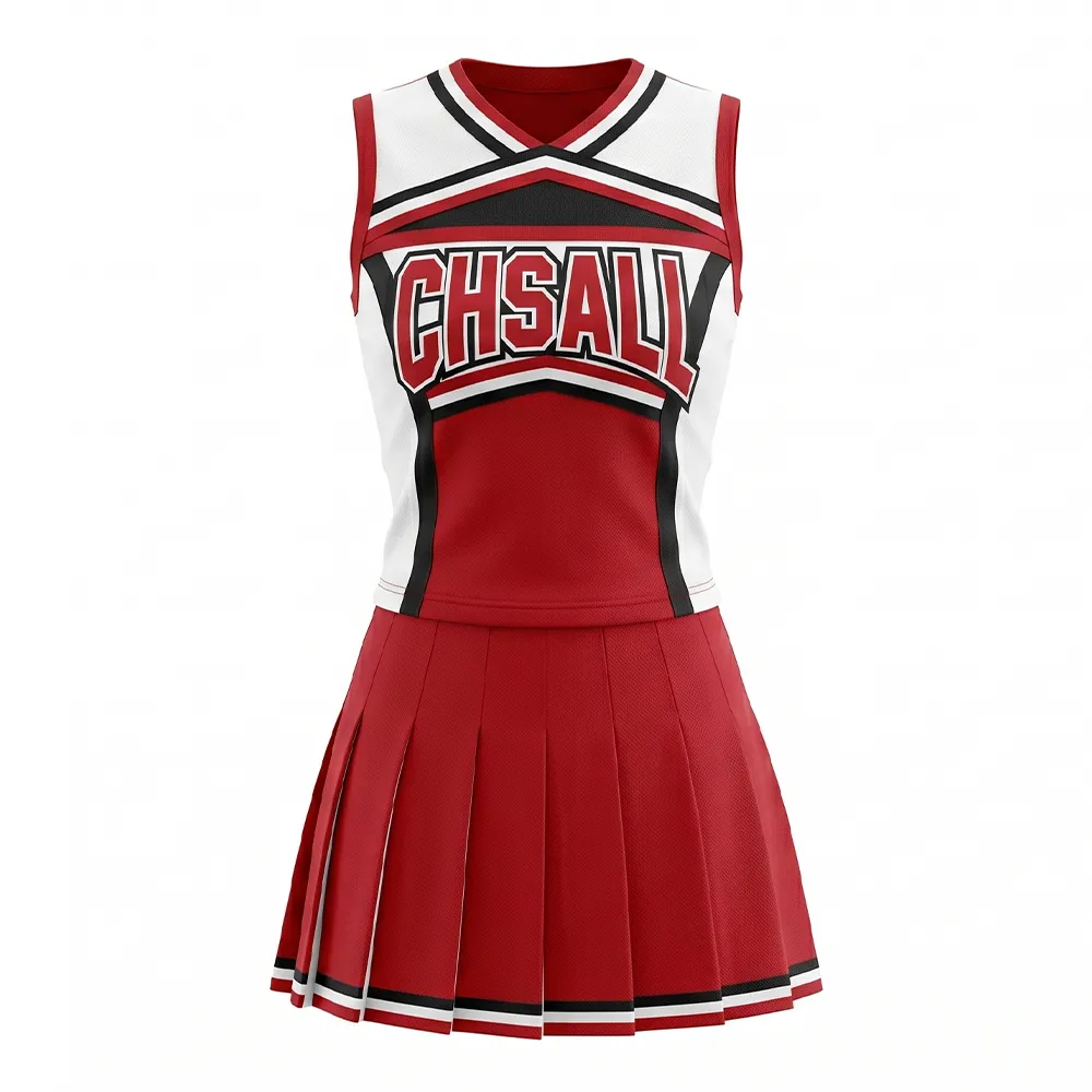 Competition-Ready Red White Cheer Uniform Sleeveless Top & Skirt with Pom Poms for Performances – photo 3