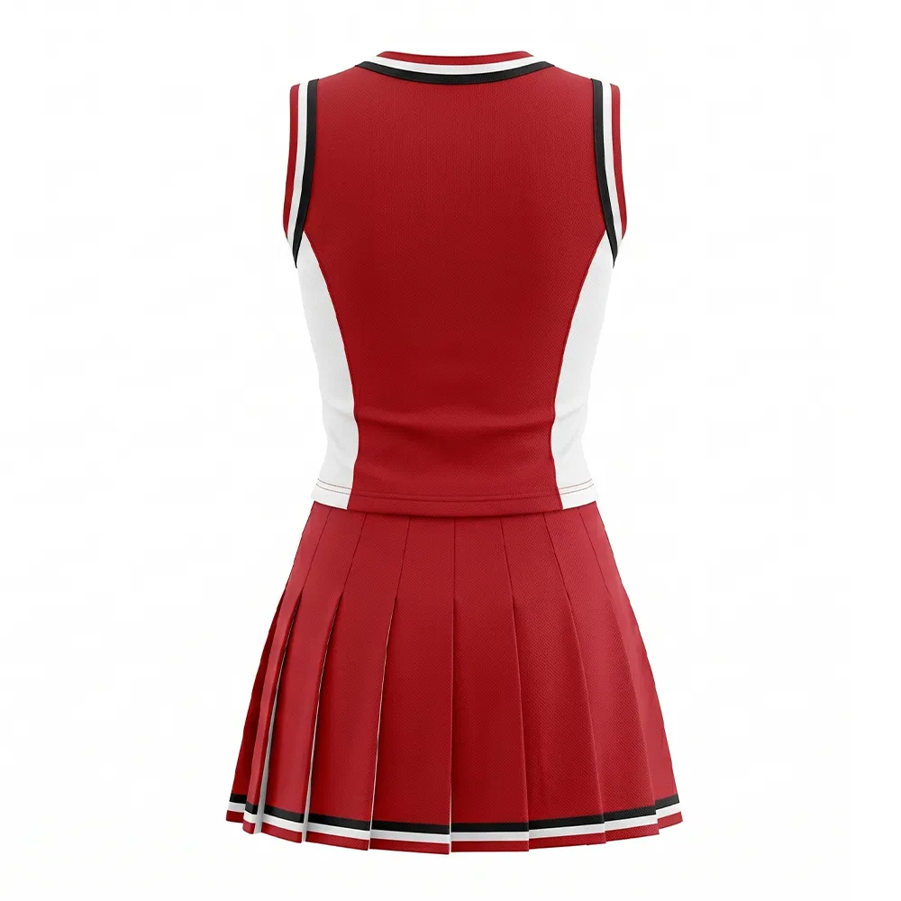 Competition-Ready Red White Cheer Uniform Sleeveless Top & Skirt with Pom Poms for Performances – photo 4