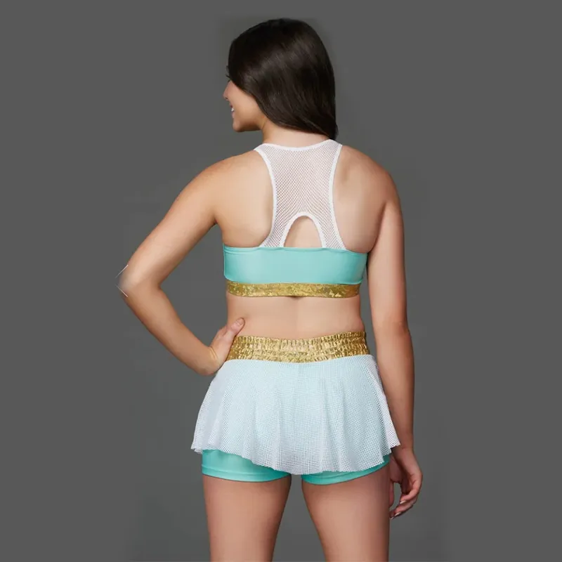 Kids Teal Gold Cheerleading Uniform Set with Mesh Skirt and CHSALL Logo for Performances – photo 3
