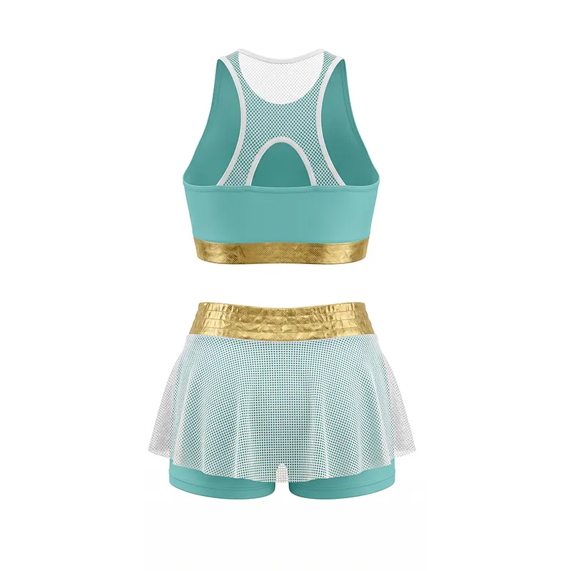 Kids Teal Gold Cheerleading Uniform Set with Mesh Skirt and CHSALL Logo for Performances – photo 4