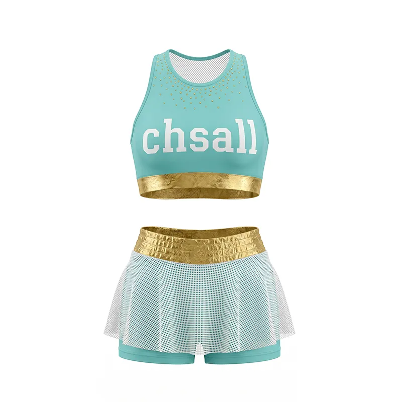 Kids Teal Gold Cheerleading Uniform Set with Mesh Skirt and CHSALL Logo for Performances – photo 5