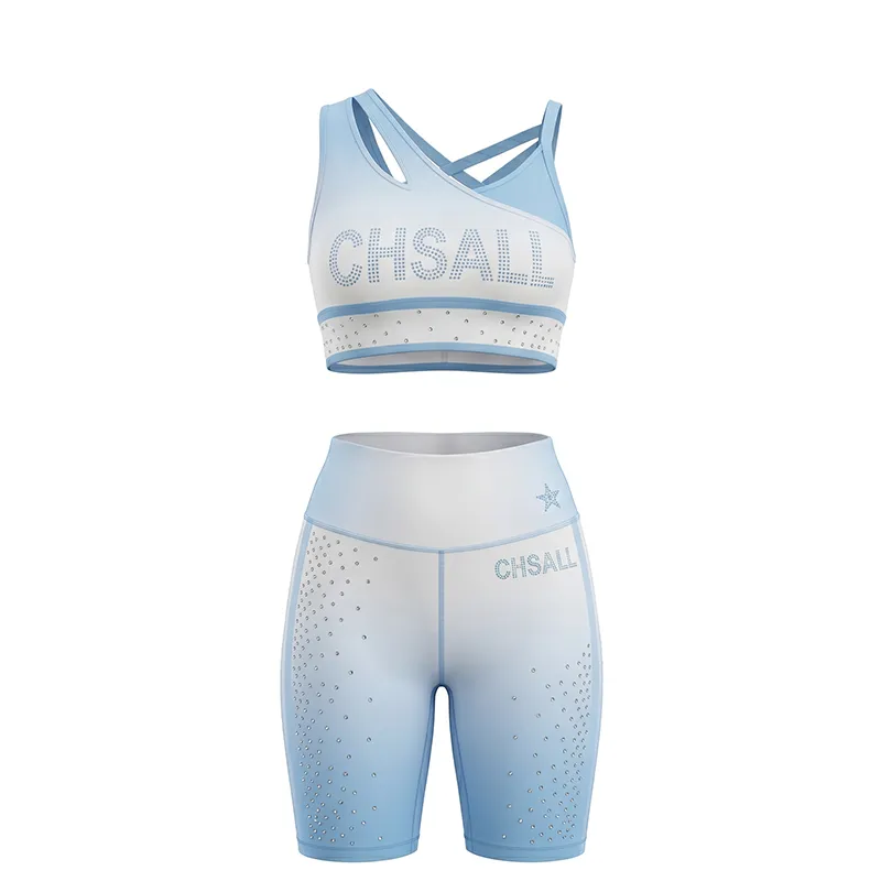 Girl's Light Blue White Cheer Set CHSALL Lions Rhinestone Crop Top & Biker Shorts for Practice – photo 4
