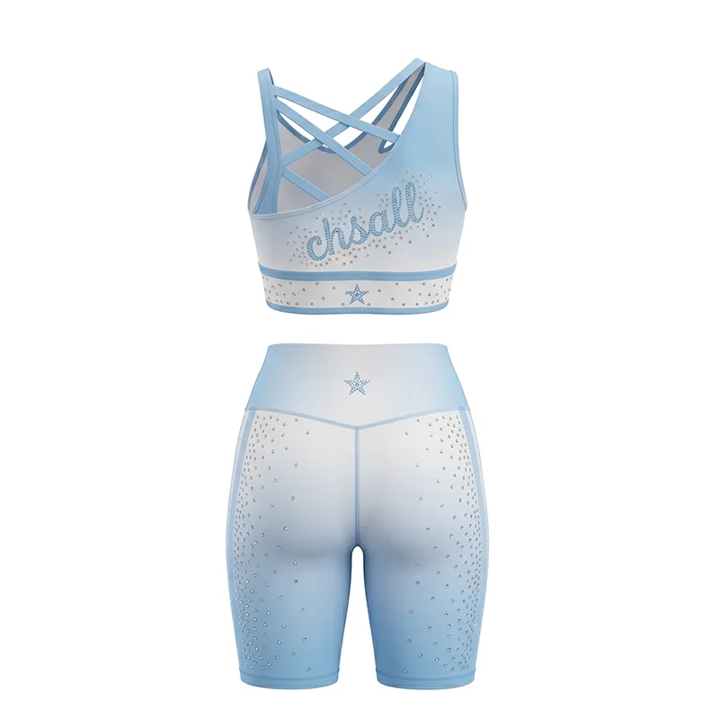 Girl's Light Blue White Cheer Set CHSALL Lions Rhinestone Crop Top & Biker Shorts for Practice – photo 5