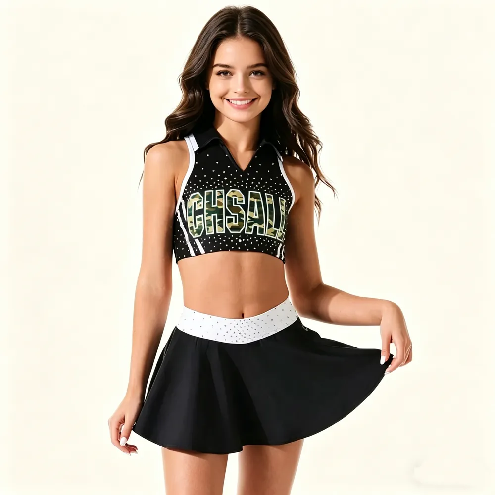 Youth Edgy Black Camo Cheer Outfit with Rhinestone Detail and CHSALL Logo for Competitions – photo 2