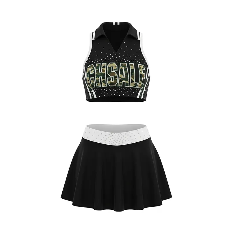 Youth Edgy Black Camo Cheer Outfit with Rhinestone Detail and CHSALL Logo for Competitions – photo 3