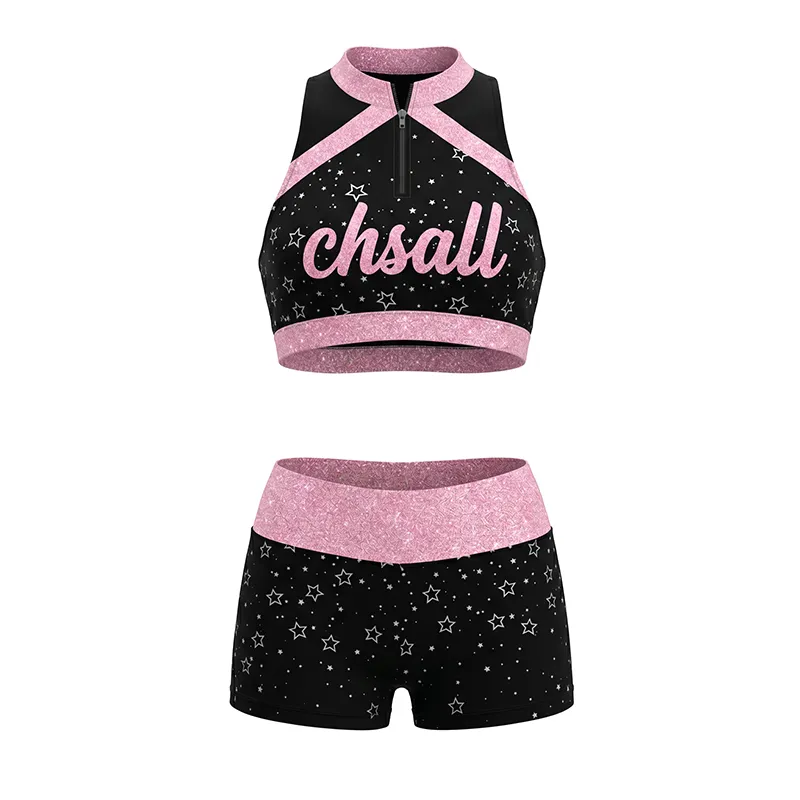 Team Black Pink Star Cheerleading Uniform Set with Shimmer Trim and CHSALL Logo for Girls – photo 5