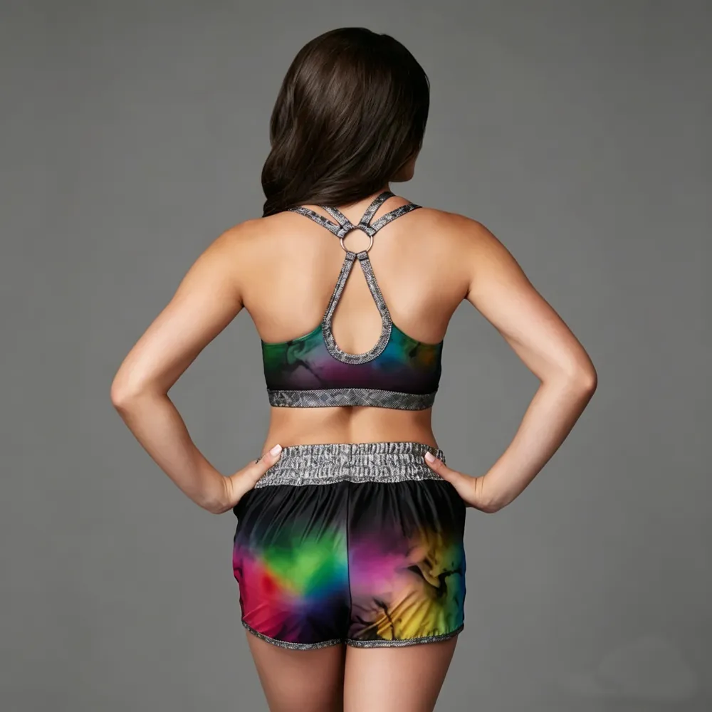 All Star Rainbow Tie-Dye Cheer Set CHSALL Logo Asymmetric Top with Matching Shorts for Team – photo 3