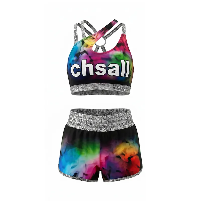 All Star Rainbow Tie-Dye Cheer Set CHSALL Logo Asymmetric Top with Matching Shorts for Team – photo 4