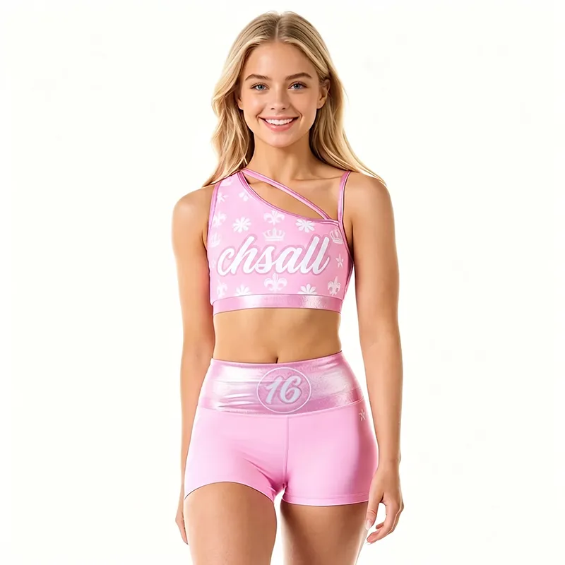 Women's Pink Fleur-de-lis Cheer Set CHSALL Logo One-Shoulder Crop Top & Shorts for Practice – photo 2