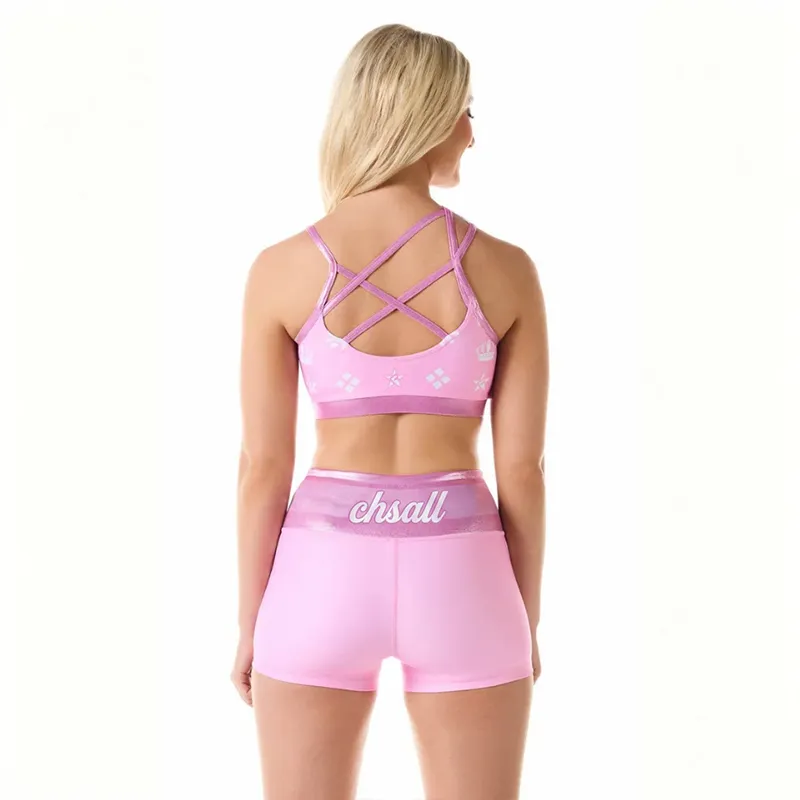 Women's Pink Fleur-de-lis Cheer Set CHSALL Logo One-Shoulder Crop Top & Shorts for Practice – photo 3
