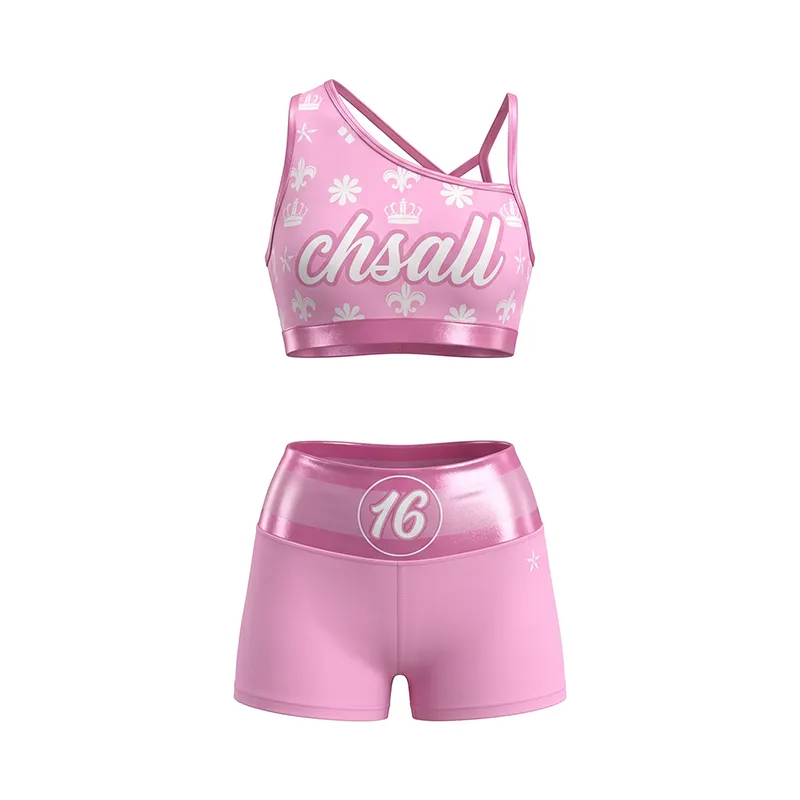Women's Pink Fleur-de-lis Cheer Set CHSALL Logo One-Shoulder Crop Top & Shorts for Practice – photo 4
