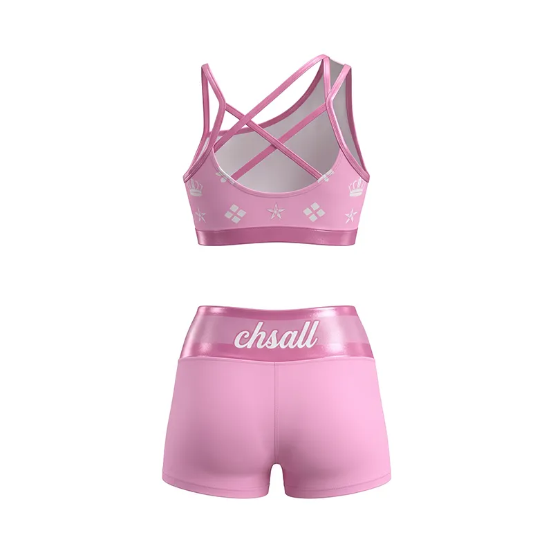Women's Pink Fleur-de-lis Cheer Set CHSALL Logo One-Shoulder Crop Top & Shorts for Practice – photo 5