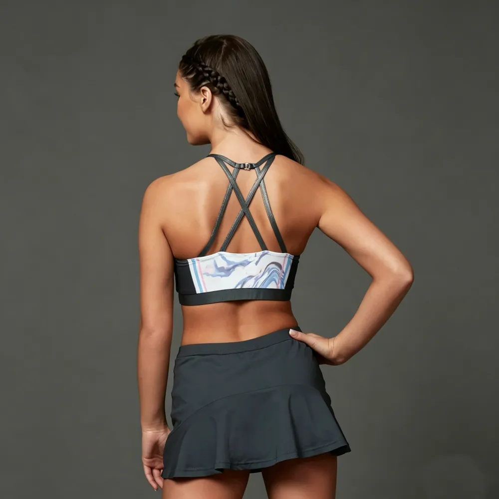 Youth Modern Marble Print Cheer Outfit with CHSALL Logo and Polka Dot Mesh Neckline for Girls – photo 3