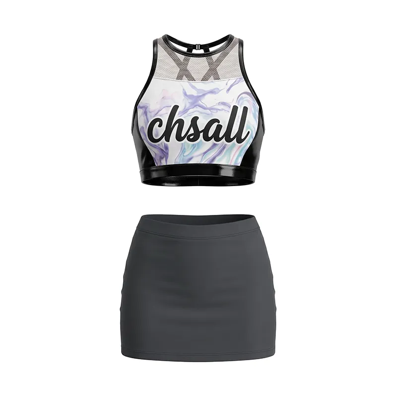 Youth Modern Marble Print Cheer Outfit with CHSALL Logo and Polka Dot Mesh Neckline for Girls – photo 4