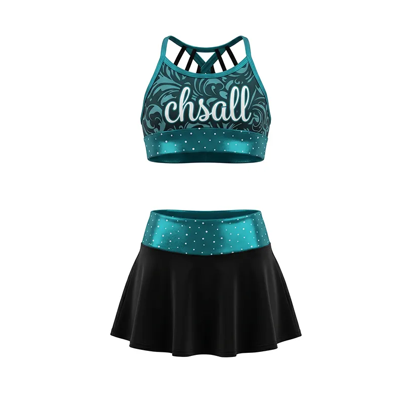 Team Teal Navy Cheerleading Uniform Set with Rhinestone Trim and CHSALL Logo for Girls – photo 5
