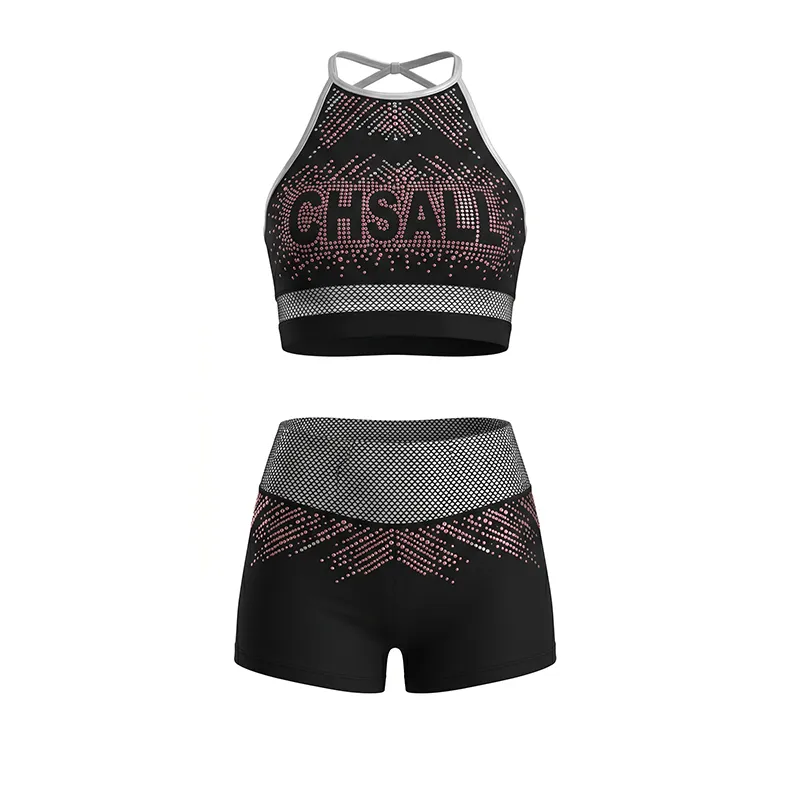 All Star Black Pink Cheer Set Cheer Practice CHSALL Logo Rhinestone Crop Top with Matching Shorts – photo 5